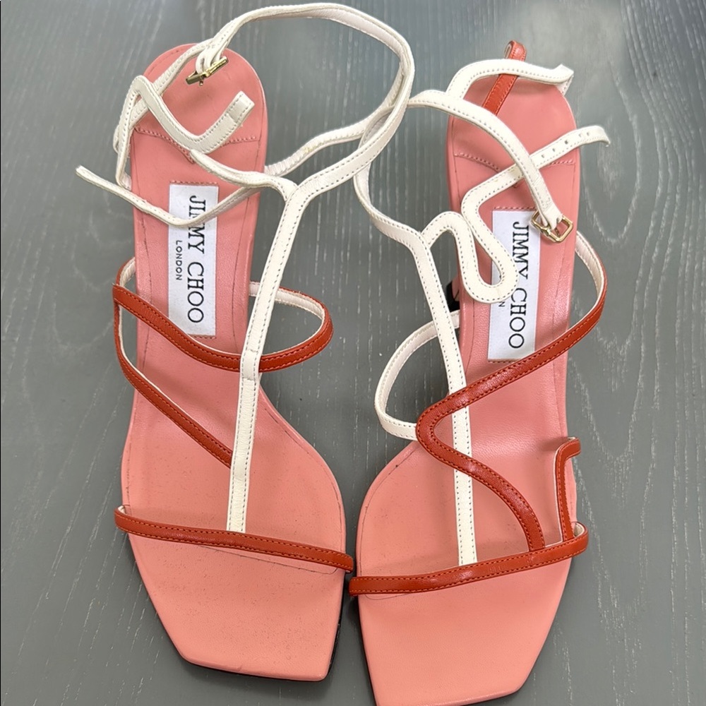HOLIDAY SALE Jimmy Choo Pink and White Heels with Strappy Design - Picture 1 of 6
